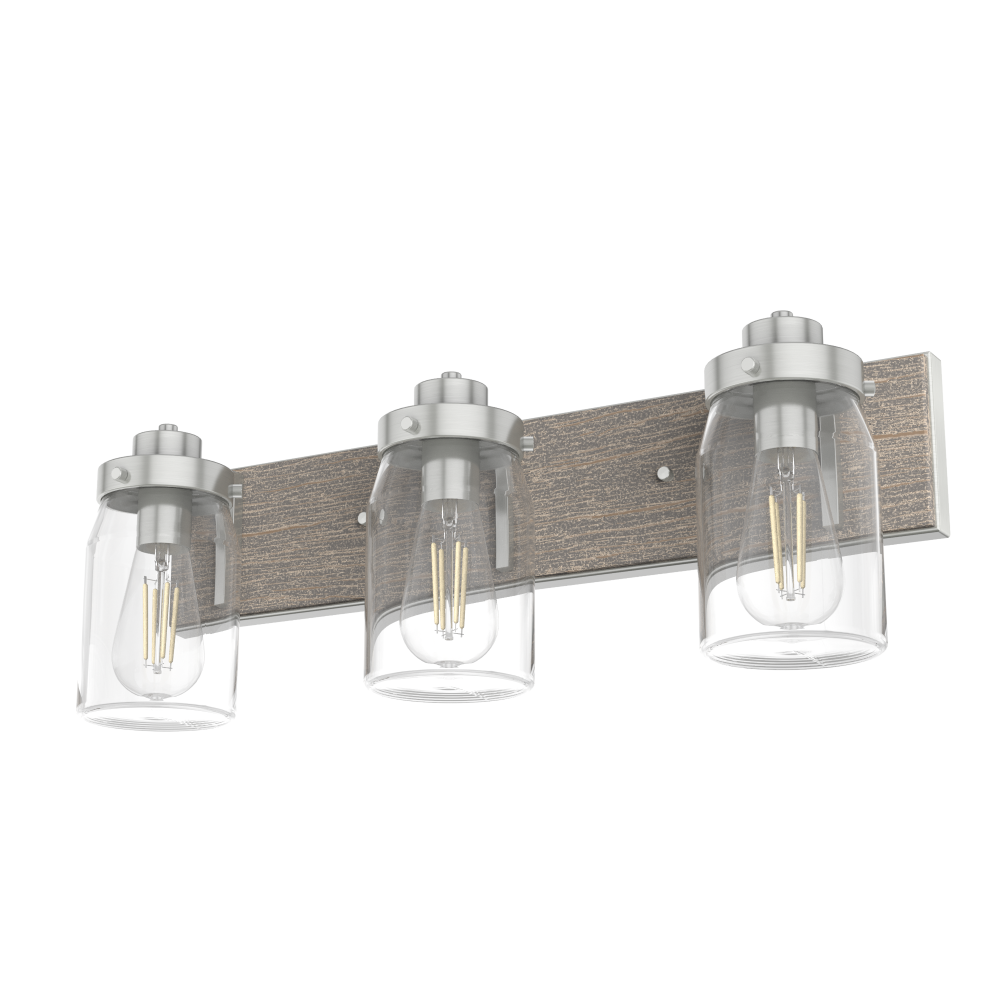 Hunter Devon Park Brushed Nickel and Grey Wood with Clear Glass 3 Lt Bathroom Vanity Wall Lt Fixture