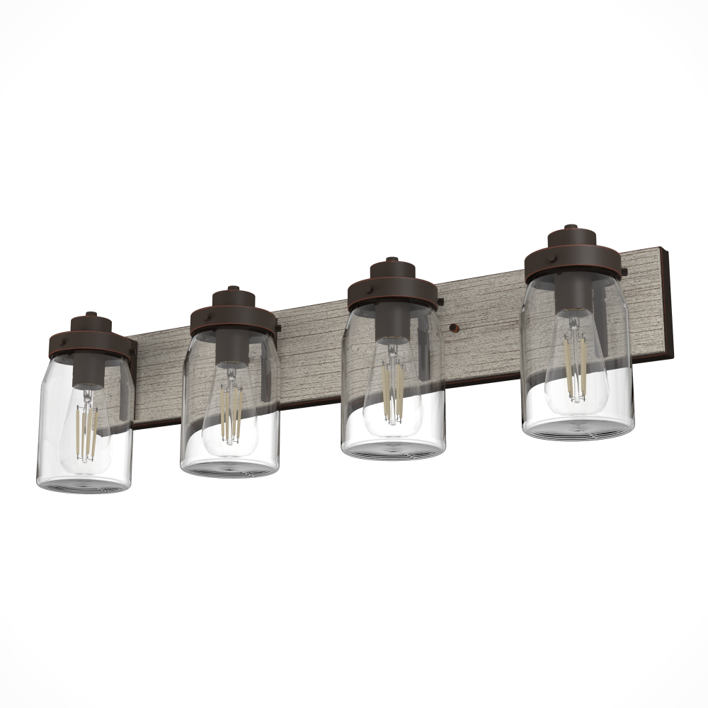 Hunter Devon Park Onyx Bengal and Barnwood with Clear Glass 4 Lt Bathroom Vanity Wall Lt Fixture