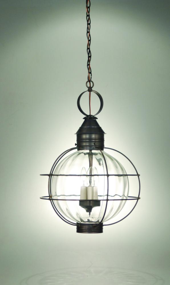 Caged Round Hanging Dark Brass 3 Candelabra Sockets Optic Glass