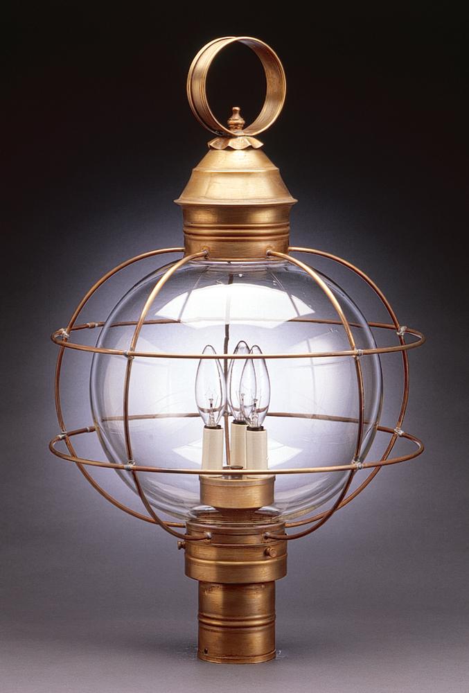 Caged Round Post Antique Brass 3 Candelabra Sockets Clear Seedy Glass