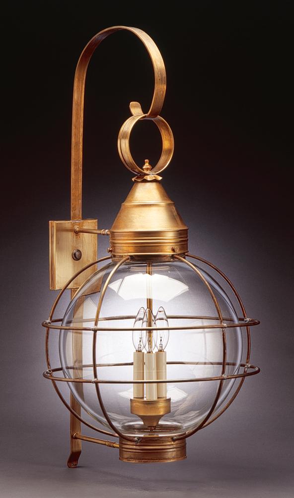 Caged Round Wall Antique Brass 3 Candelabra Sockets Clear Seedy Glass