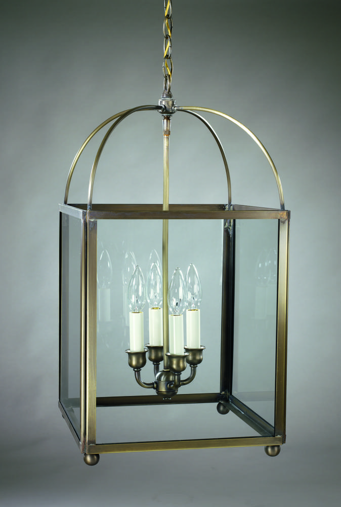 Square Corners Hanging Antique Brass 4 Candelabra Sockets Clear Seedy Glass