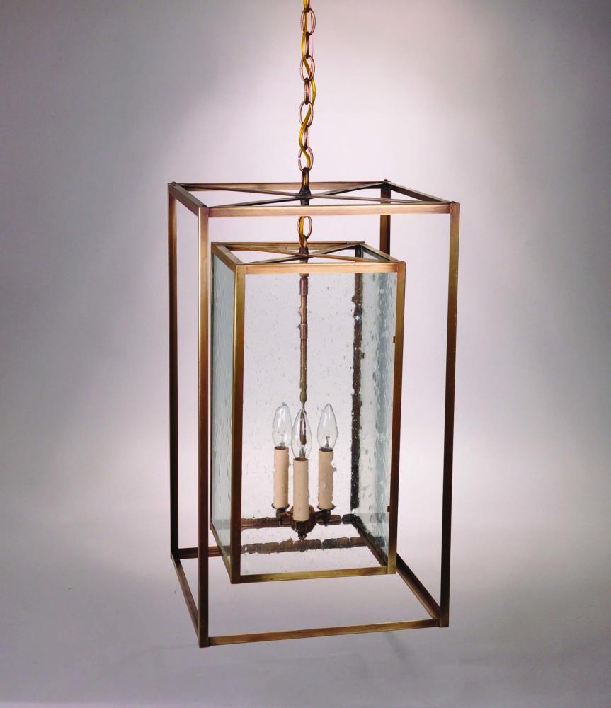 Square Hanging Inside Square Antique Copper 3 Candelabra Sockets Clear Glass